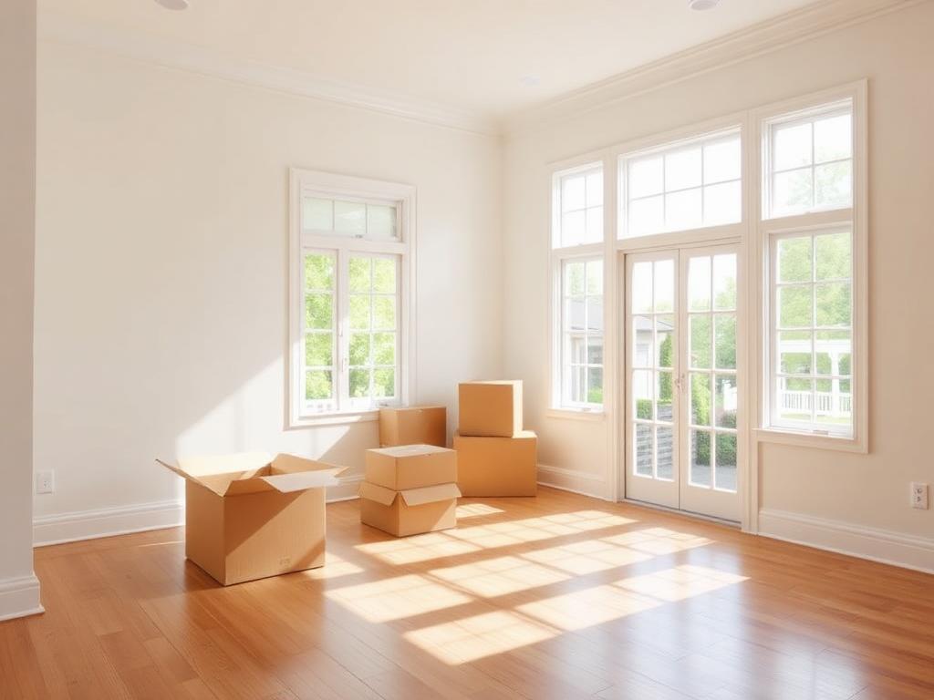 Bright empty new home room with moving boxes prepared for move-in cleaning in Mason County Michigan