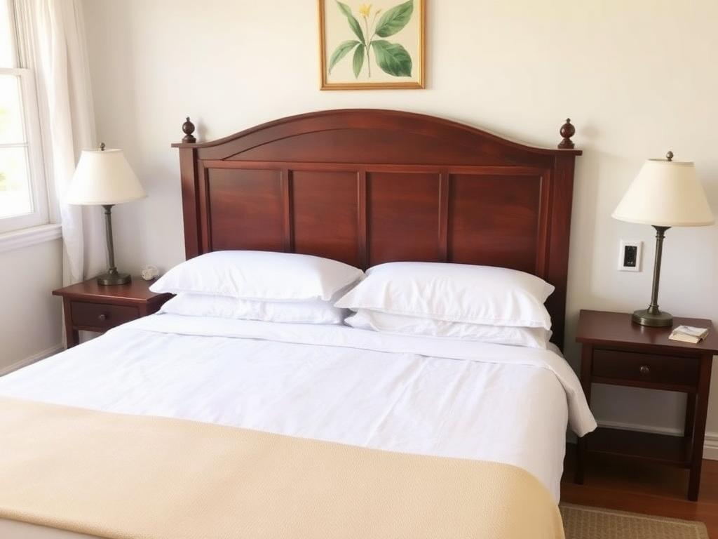 Freshly turned-over vacation rental bedroom with crisp white linens ready for the next guest in Michigan